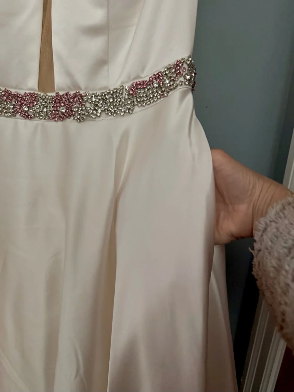 Sherri Hill White jeweled halter ball gown with illusion panel - Picture 9 of 12